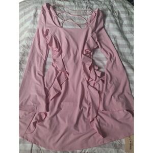 SHEIN BAE Pink Ruffle Lace Up Back Long Bell Sleeve Mini Dress Size XS 2 NWT